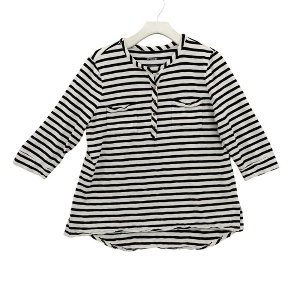 Chicos Women Nautical Coastal Henley Top 2 L Black White Striped 3/4 Sleeve